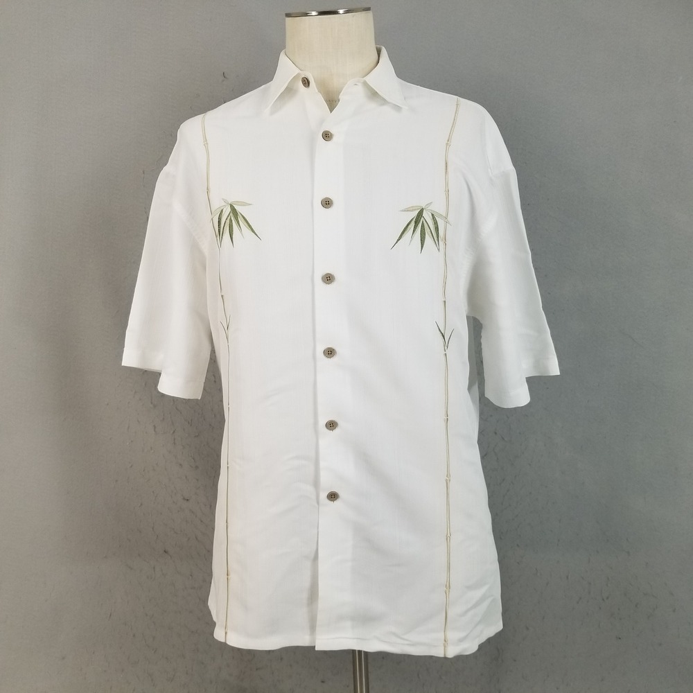 Bamboo Cay Shirt Mens M White Short Sleeve Bamboo Leaf Embroidered Button Down